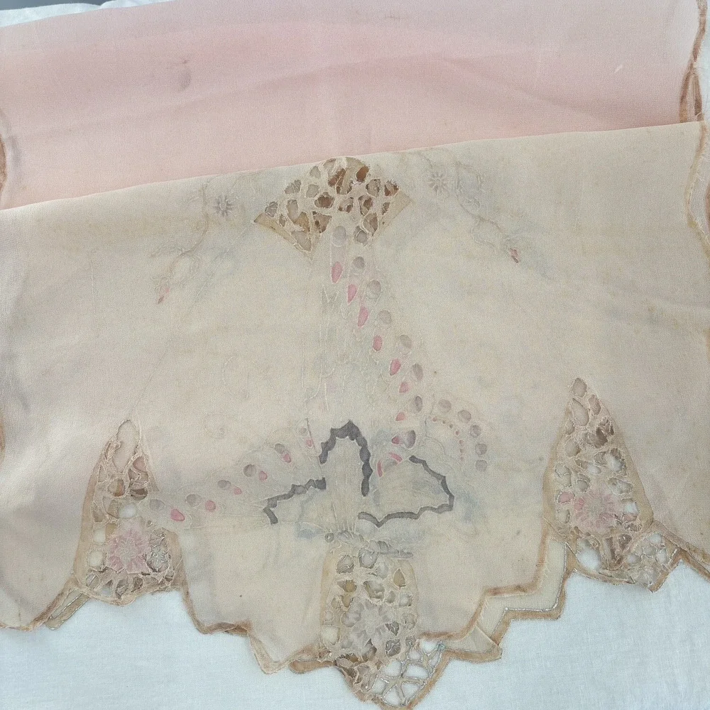 Antique Vtg Silk Scarf Hand Embroidered Cutwork Lace Butterfly Floral Sheer